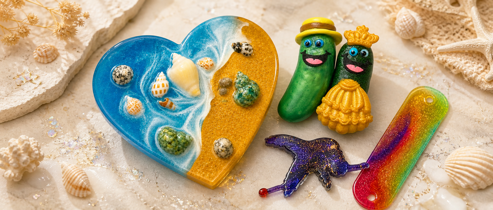 Beach-inspired resin heart tray, pickle figurines, butterfly charm, and rainbow bookmark