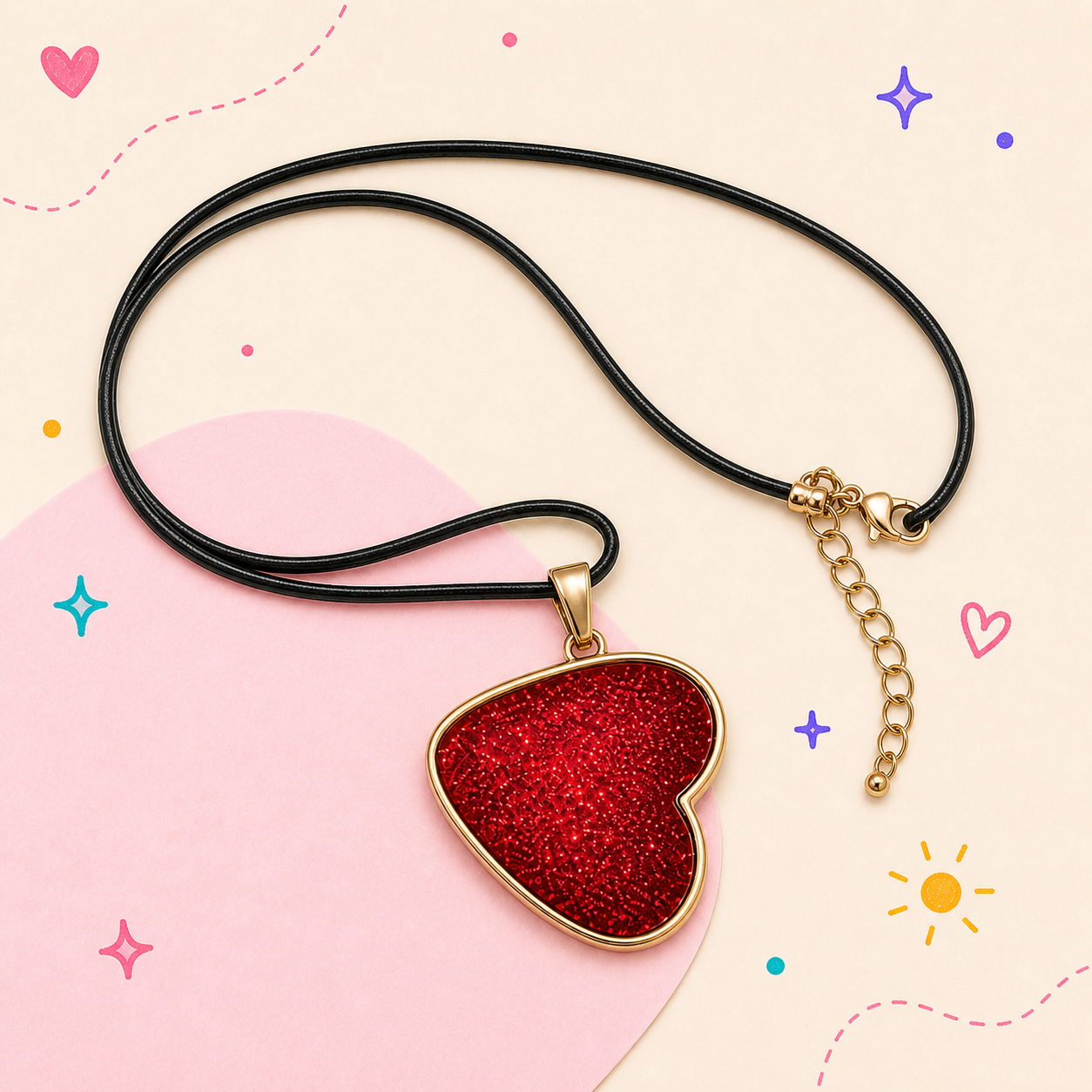 Red resin heart necklace pendant on a chain