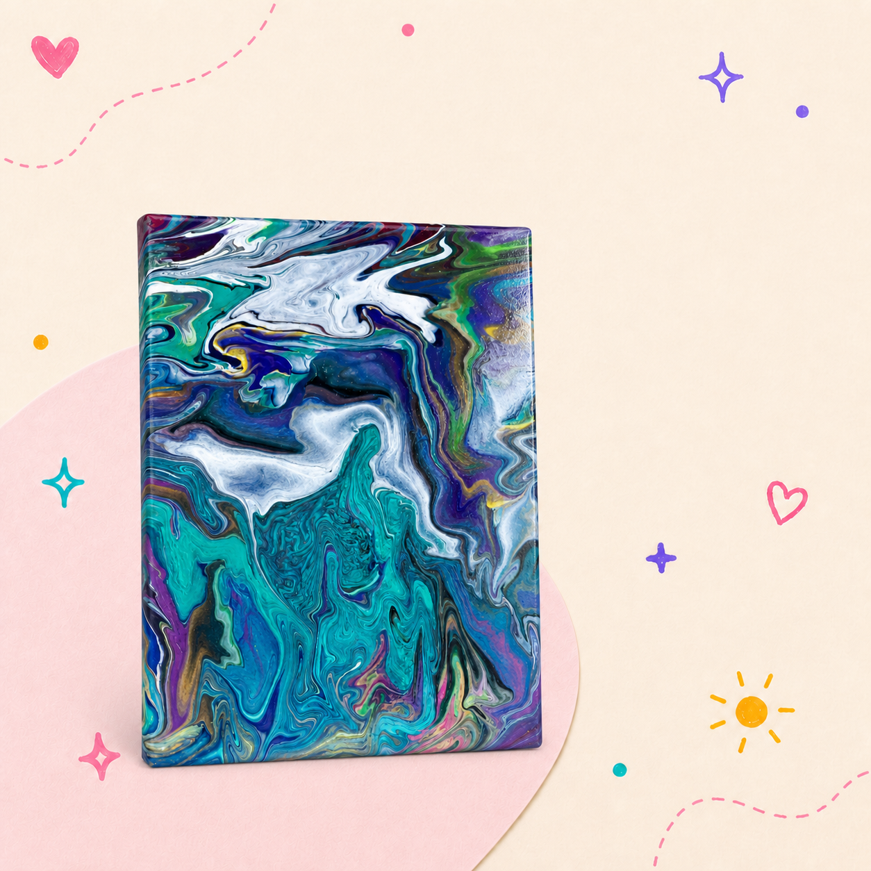 Blue resin pour artwork with ocean-inspired color and shimmer