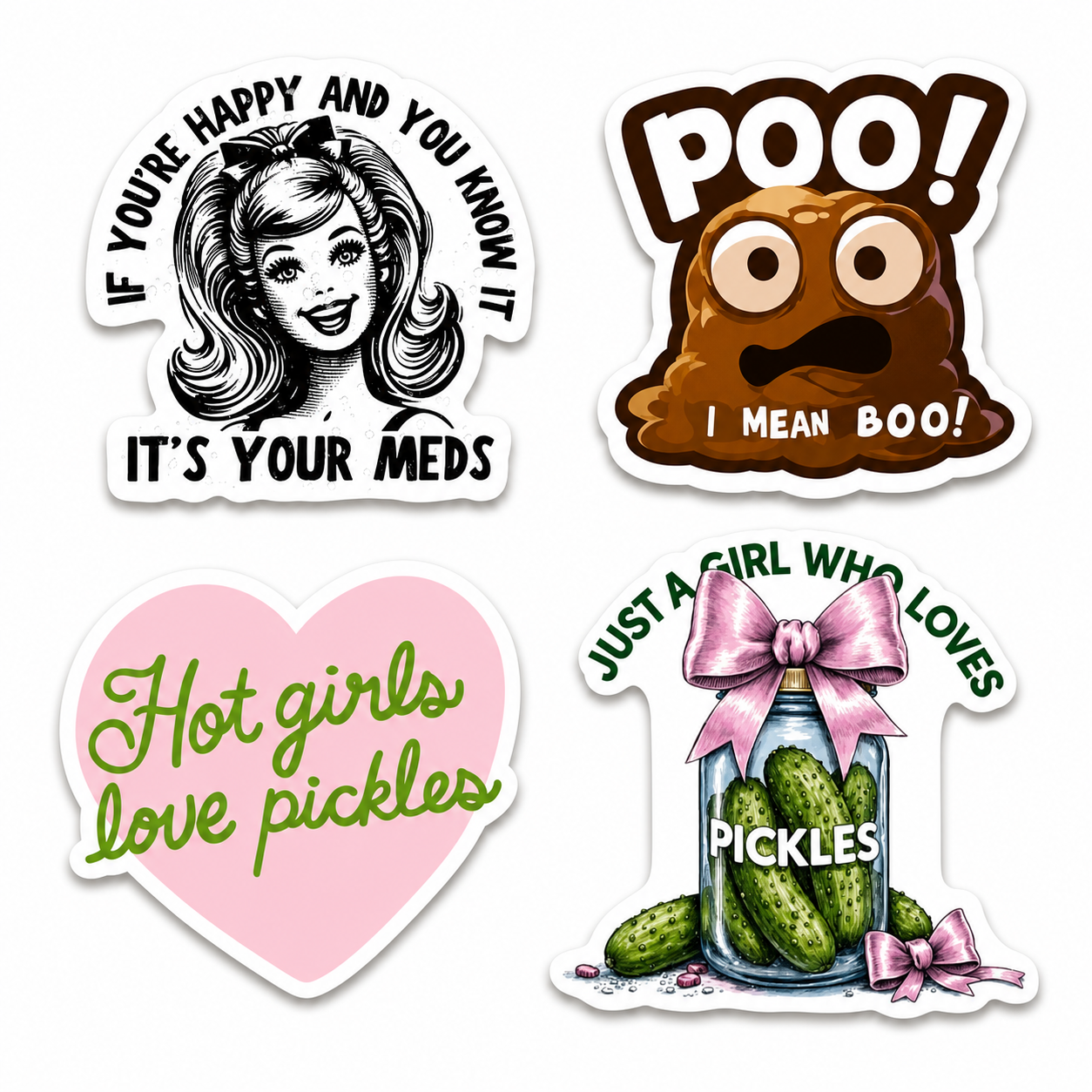 Collection of snarky stickers with funny sayings and colorful designs