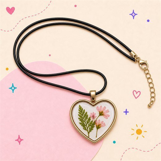 Pink Flower Heart Necklace